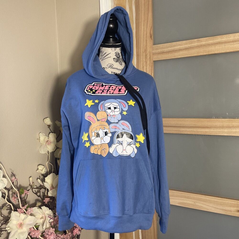 Powerpuff Girls Oversized Blue Graphic Hoodie Womens Cozy Cartoon Pullover